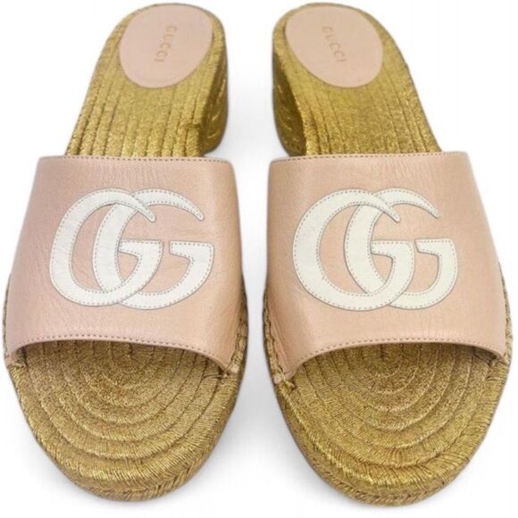 Gucci Shoes - GUCCI Pink GG Logo Woven Open Toe Slide Sandals Size EU38.5